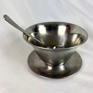 Mid Century Modern Gravy Boat Bowl w Ladle Stainless Steel 2 Piece Thanksgiving